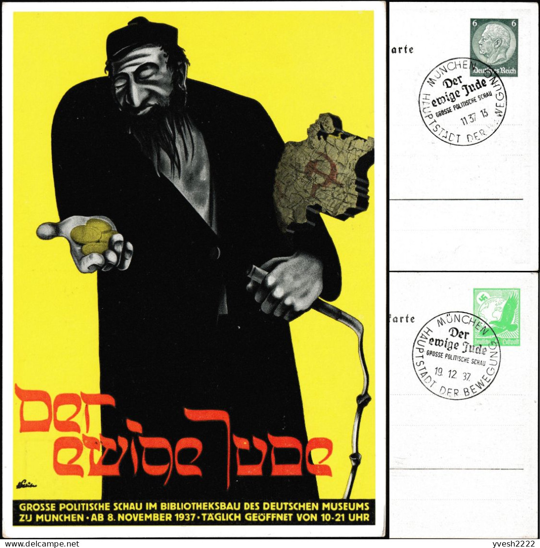 Allemagne 1937. Les 2 Types De L'entier Postal Timbré Sur Commande. Le Juif Errant, Exposition Nazie. Juif & Pièces D'or - Jewish