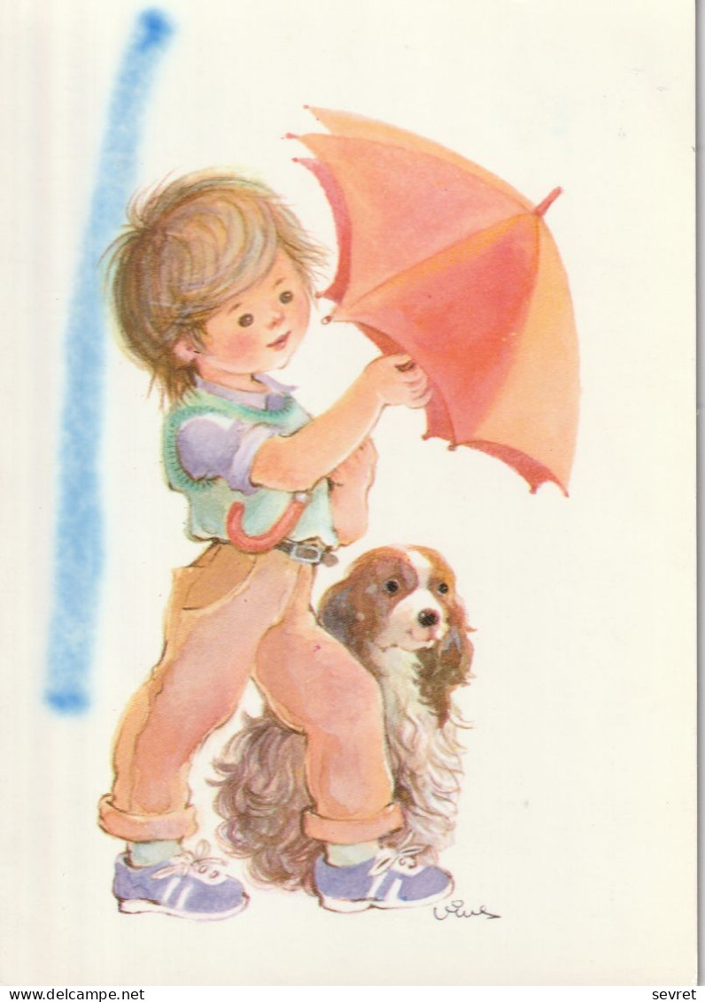 Illustrateur  Signé . - Enfant Accompagné De Son Chien Et Tenant Un Parapluie - Dibujos De Niños