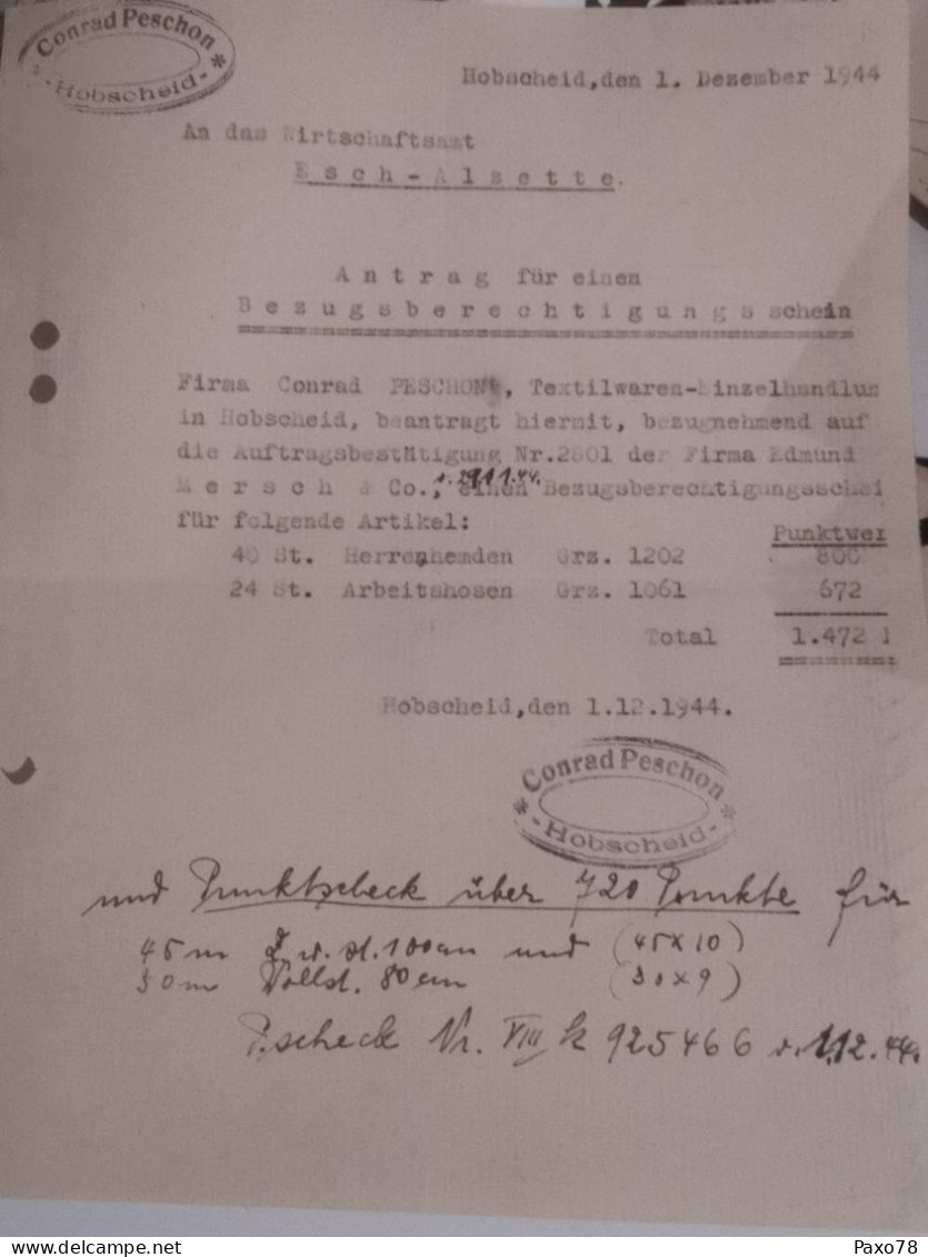 Lettre, Hobscheid 1944, Wirtschaftsamt Esch-Alzette - 1940-1944 Occupazione Tedesca