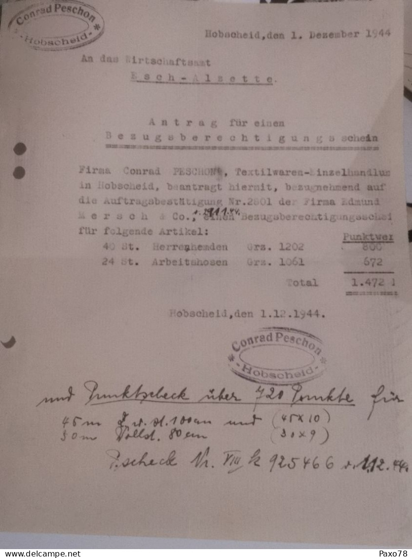 Lettre, Hobscheid 1944, Wirtschaftsamt Esch-Alzette - 1940-1944 Duitse Bezetting