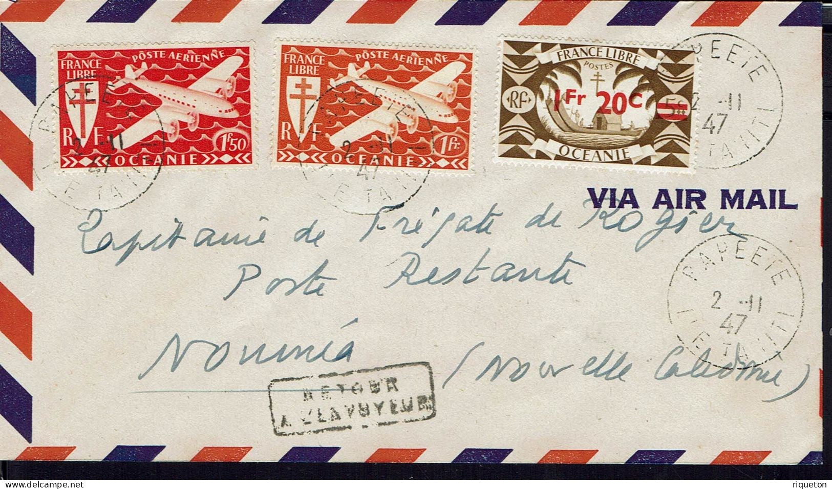 Océanie. Enveloppe Première Liaison Aérienne Papeete-Nouméa T. R. A. P. A. S. 2-11-1947. - Posta Aerea