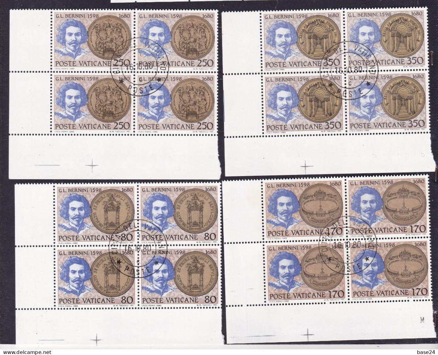 1980 Vaticano Vatican GIAN LORENZO BERNINI, SCULTURA 4 Serie Di 4 Valori Quartina Usati Con Gomma SCULPTURE Used Block 4 - Used Stamps