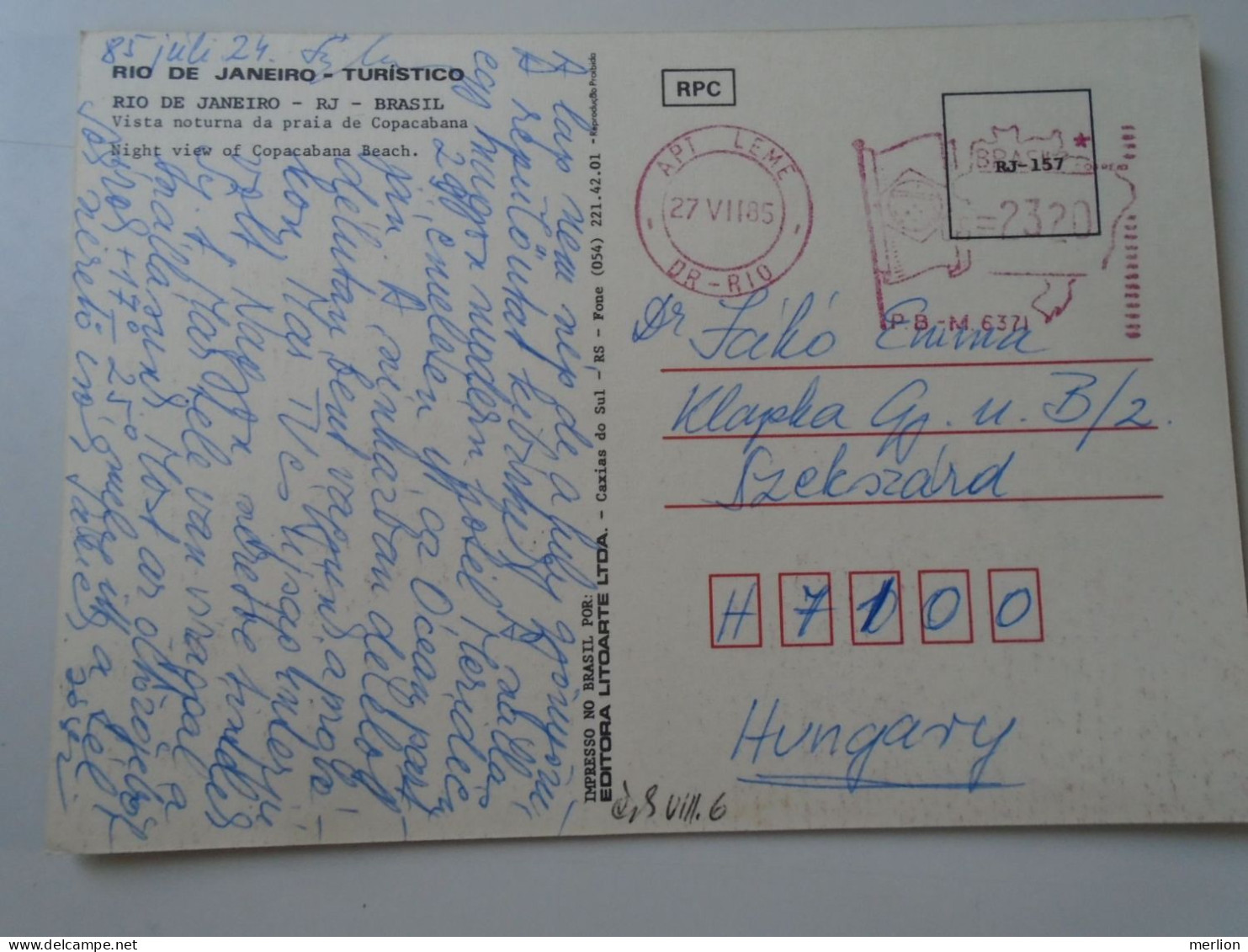 D200108   CPM  AK   Rio De Janeiro  -EMA Red Meter  Apt Leme  1985 - Franking Labels