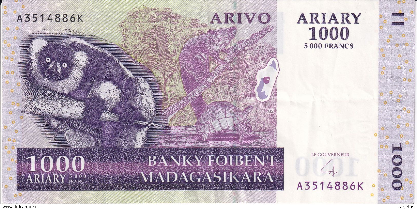 BILLETE DE MADAGASCAR DE 1000 ARIARY DEL AÑO 2004 (BANKNOTE) LEMUR - Madagaskar