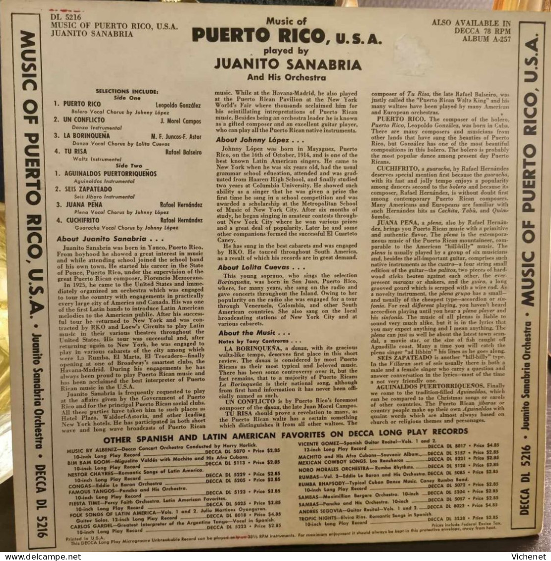 Juanito Sanabria And His Orchestra ‎– Music Of Puerto Rico U.S.A - 25 Cm - Formats Spéciaux