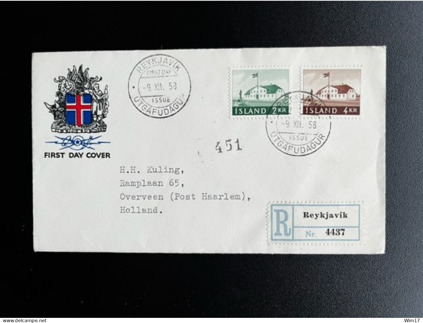 ICELAND ISLAND 1958 REGISTERED FDC GOVERNMENT BUIDLING TO OVERVEEN 09-12-1958 IJSLAND AANGETEKEND - FDC