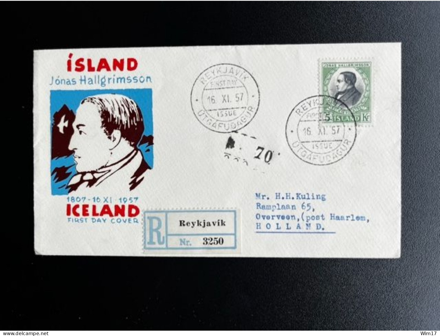 ICELAND ISLAND 1957 REGISTERED FDC HALLGRIMSSON TO OVERVEEN 16-11-1957 IJSLAND AANGETEKEND POET - FDC
