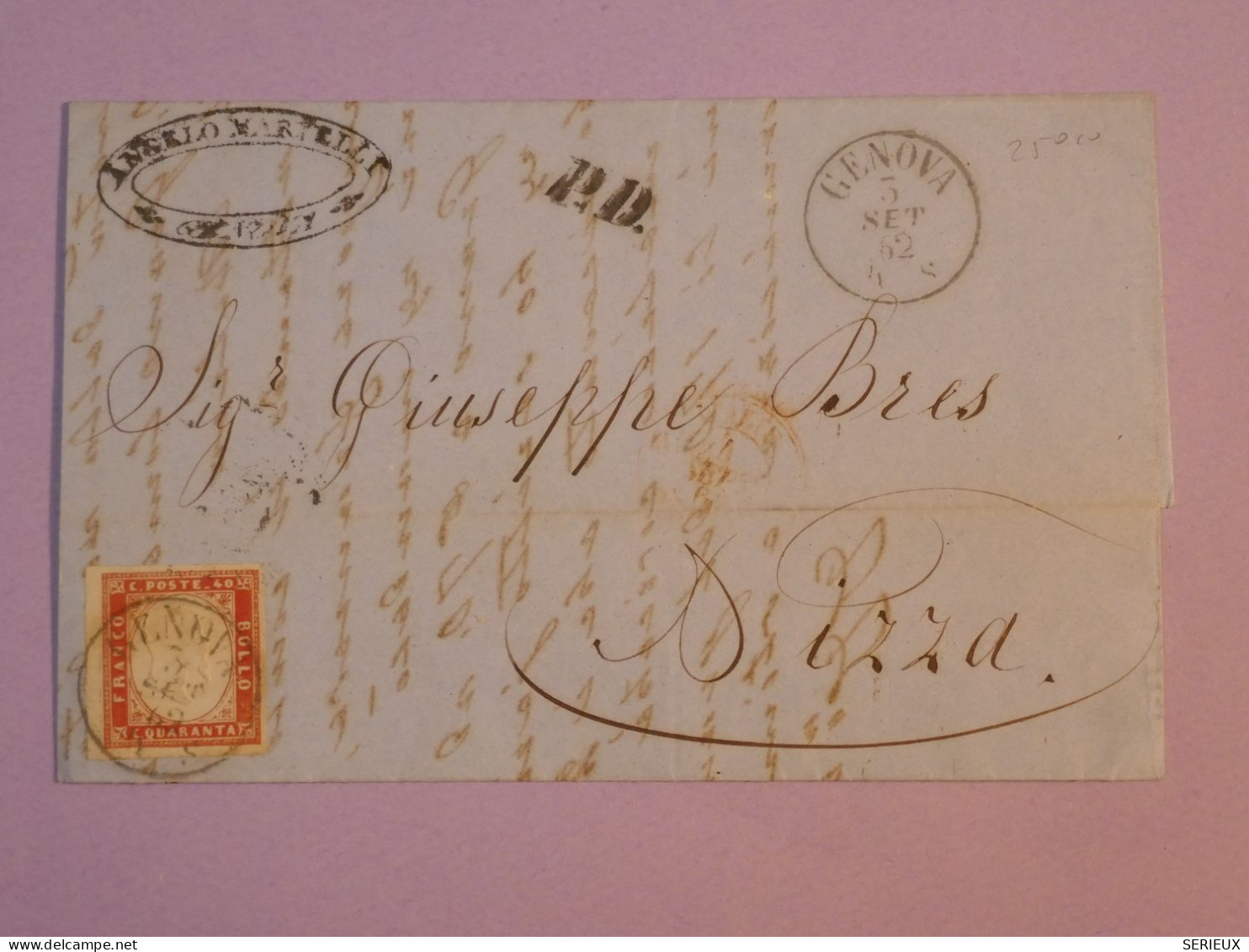 AQ 0  ITALIA    BELLE  LETTRE   1852  GENOVA   A NICE  FRANCE + 40C CLAIR ++AFF. INTERESSANT++++ - Non Classés