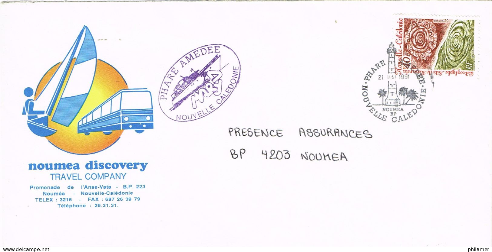 NOUVELLE CALEDONIE CALEDONIA CAD ILLUSTRE PHARE AMEDEE ET CACHET SOCIETE NOUMEA DISCOVERY 1991 BE - Cartas & Documentos