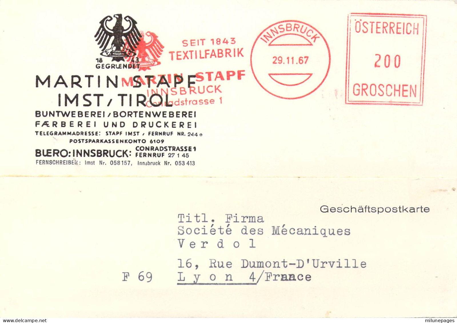 Autriche Austria Osterreich EMA Rouge 200 Groschen Martin Stapf Imst, Tirol Buntweberei Innsbruck 1967 - Franking Machines (EMA)