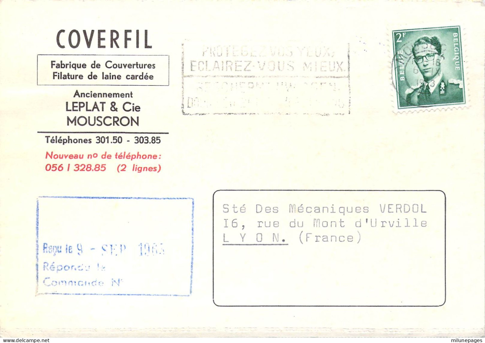 Belgique Belgie Carte Commerciale Fabrique De Couvertures Et Filature De Laine Coverfil à Mouscron En 1965 - Mouscron - Moeskroen