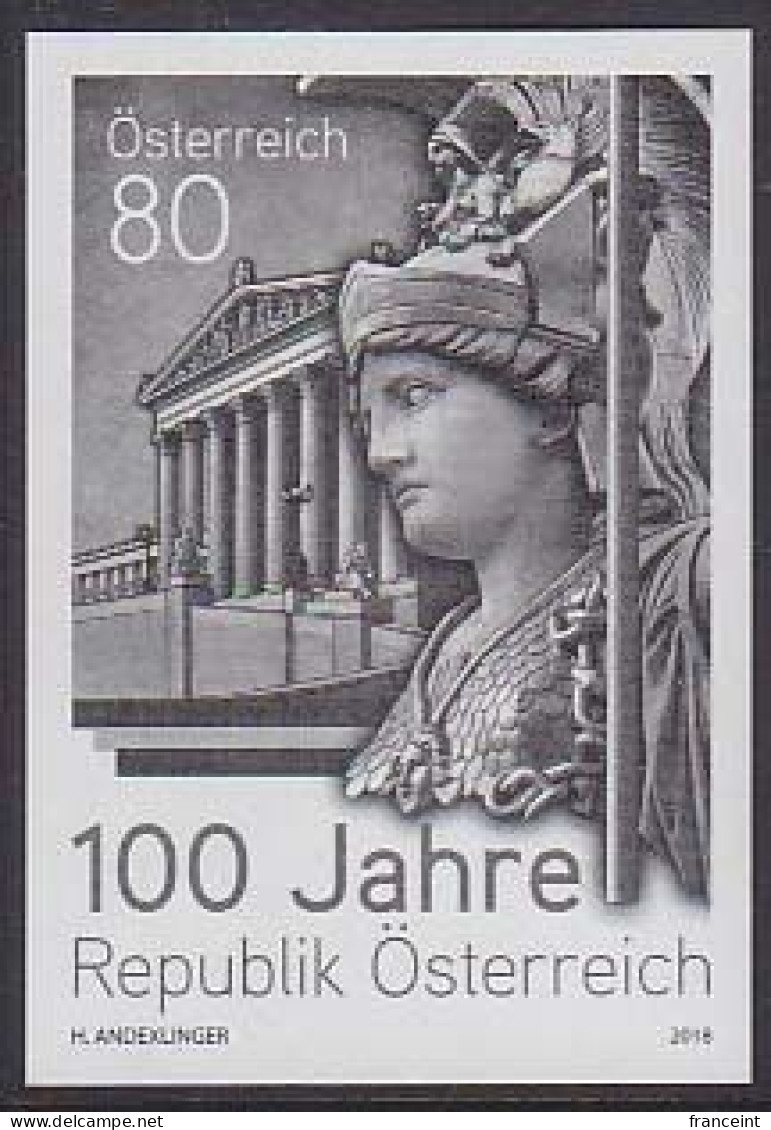 AUSTRIA(2018) Pallas Athena. Parliament Building. Black Print. 100th Anniversary Of Austrian Republic. - Proofs & Reprints