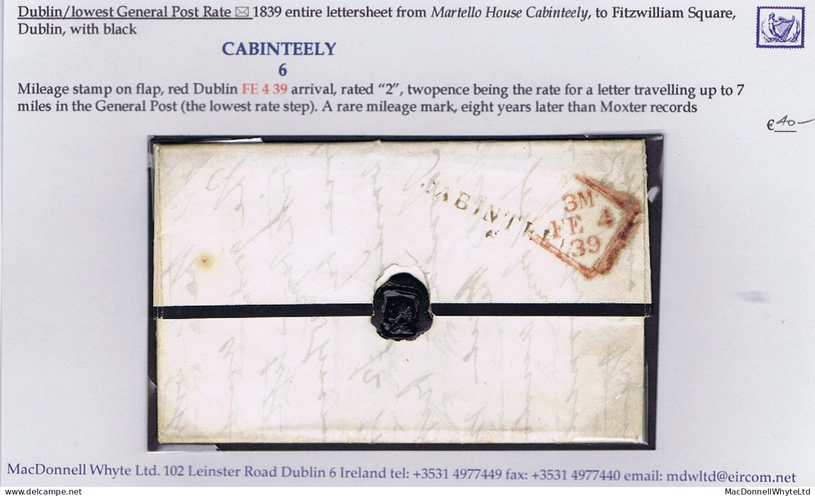 Ireland Dublin 1839 Letter From Martello House To Dublin City With Rare CABINTEELY/6 Mileage Mark In Black - Prefilatelia