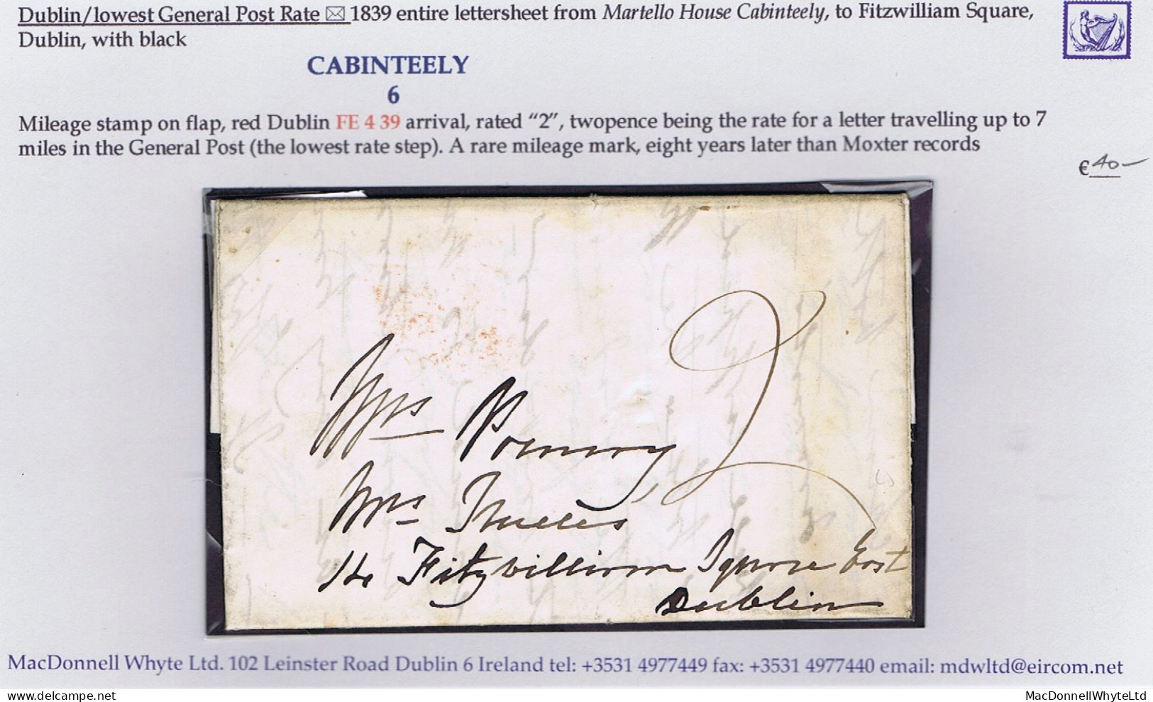 Ireland Dublin 1839 Letter From Martello House To Dublin City With Rare CABINTEELY/6 Mileage Mark In Black - Voorfilatelie