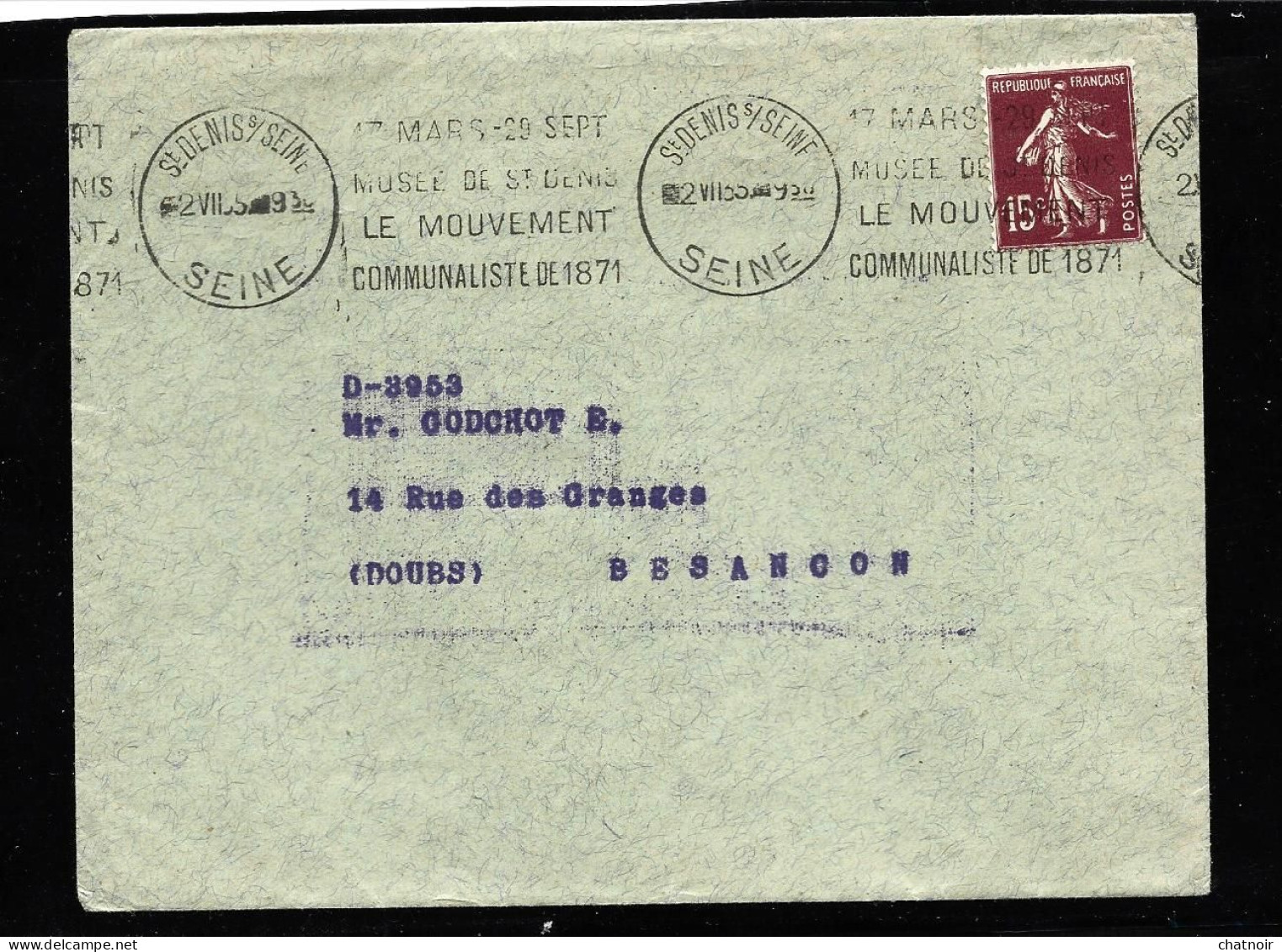ST DENIS SUR SEINE  OBLIT  17 MARS ...MUSEE...    1935 Sur 15c Semeuse - Cartas & Documentos