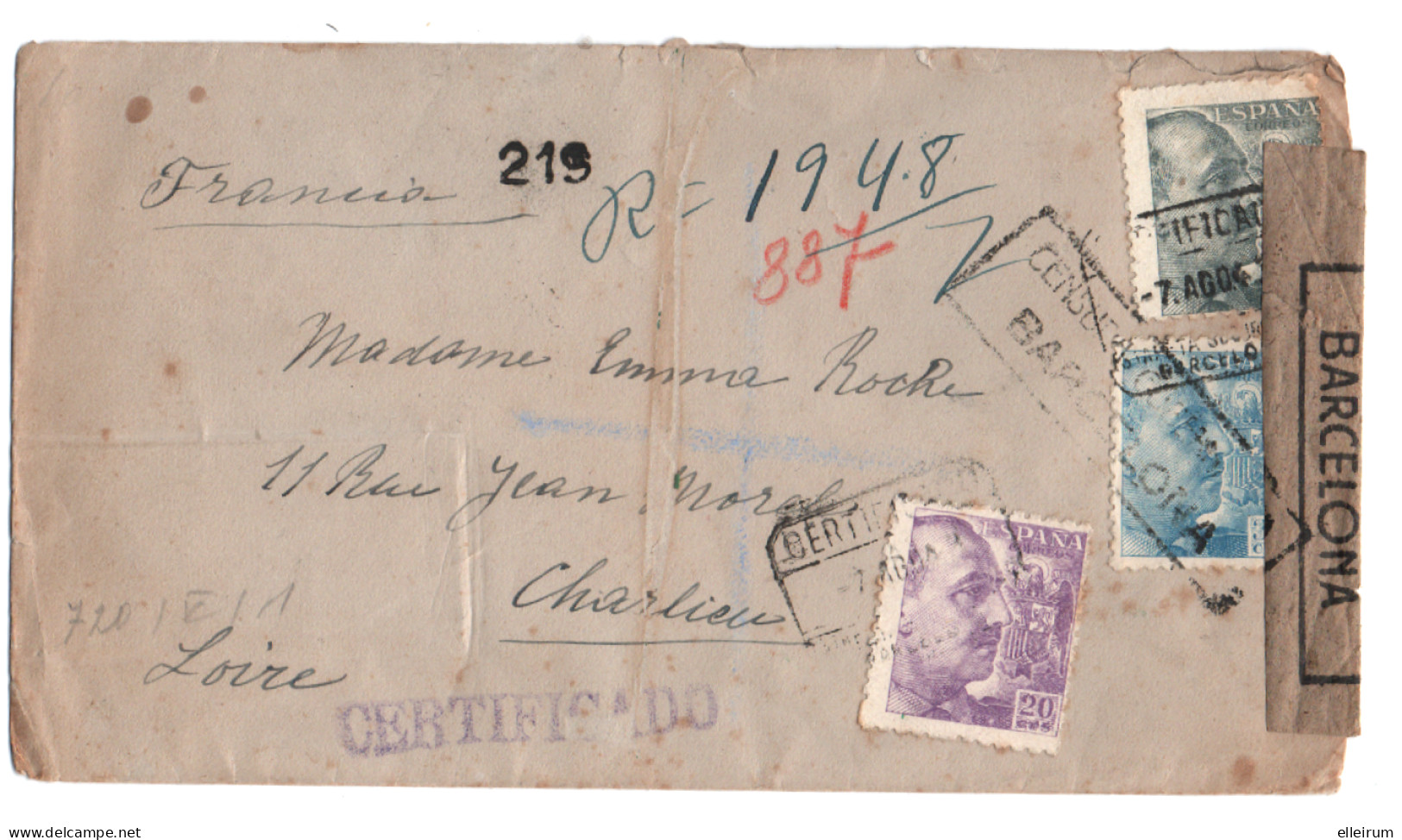 ESPAGNE.BARCELONE. ENVELOPPE. RECOMMANDE. CENSURE. AU VERSO, CENSURE ALLEMANDE. POUR CHARLIEU (42) 1943 - Barcellona