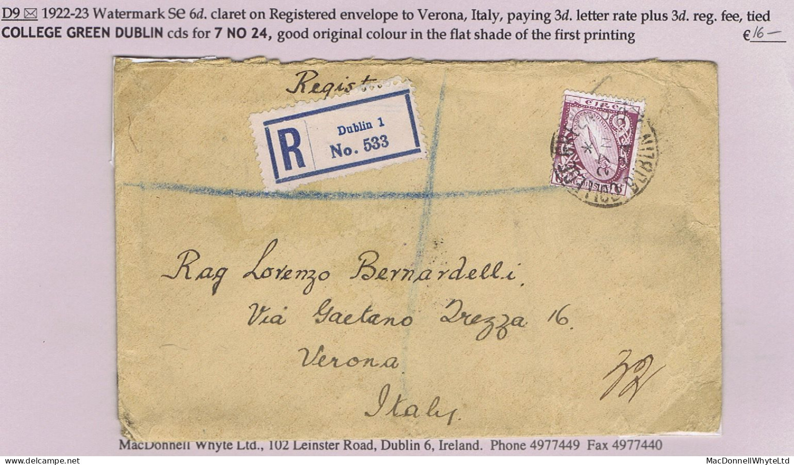 Ireland 1922-23 Watermark Se Definitives, 6d Sword Single Use On Registered Cover Dublin To Italy COLLEGE GREEN DUBLIN - Briefe U. Dokumente