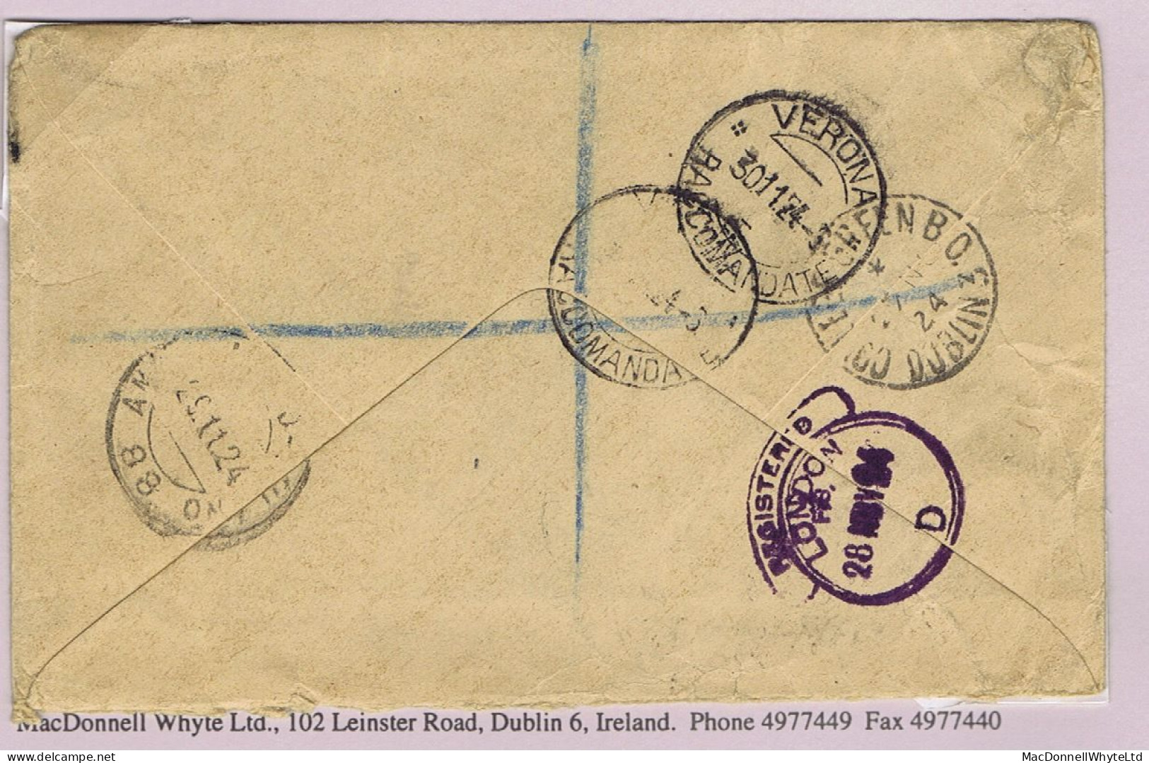 Ireland 1922-23 Watermark Se Definitives, 6d Sword Single Use On Registered Cover Dublin To Italy COLLEGE GREEN DUBLIN - Storia Postale