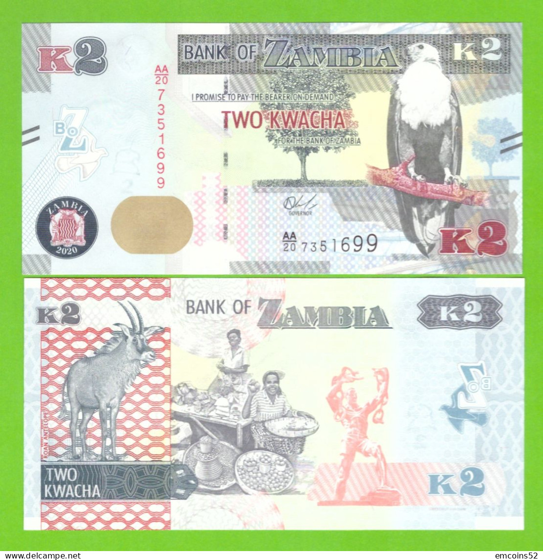 ZAMBIA 2 KWACHA 2020 P-56 UNC - Zambie