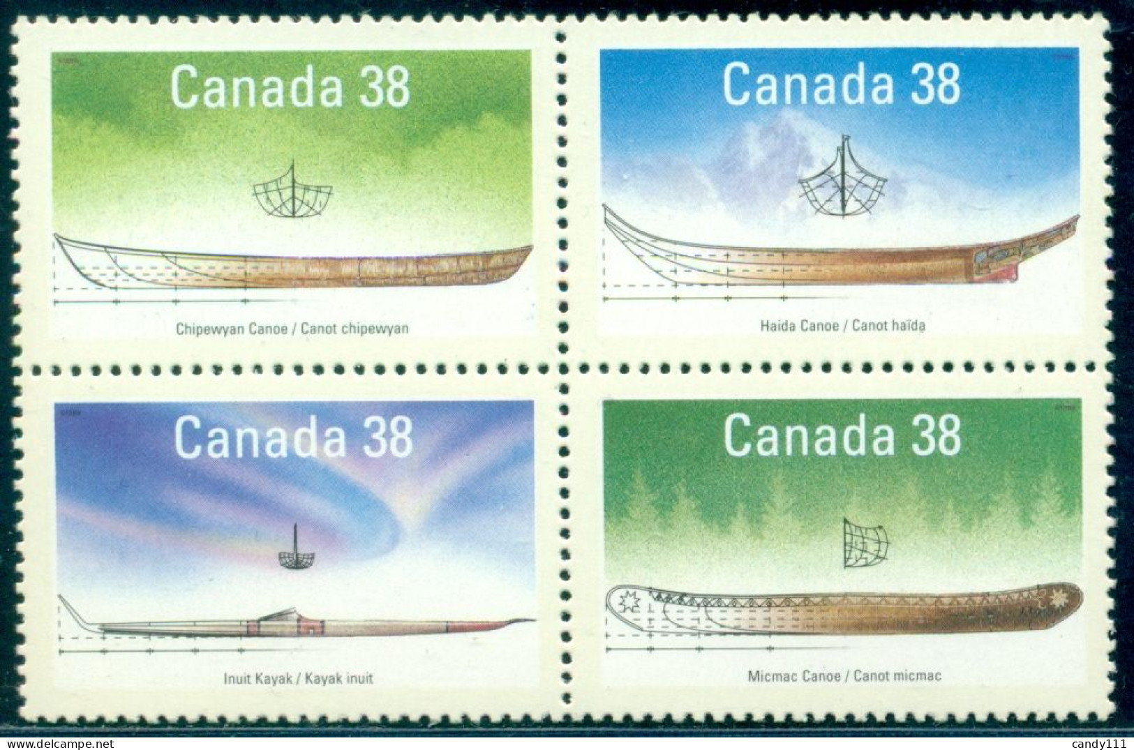 1989 Aboriginal Boats,Indian Canoe,Eskimo Kayak,Bark Canoe,Canada,M.1124,MNH - Autres (Mer)