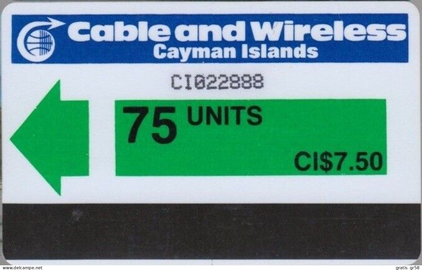 Cayman Island - CAY-AU-1, Green (control With CI), Autelca, 75 U, 50.000ex, 1986, Used - Kaimaninseln (Cayman I.)