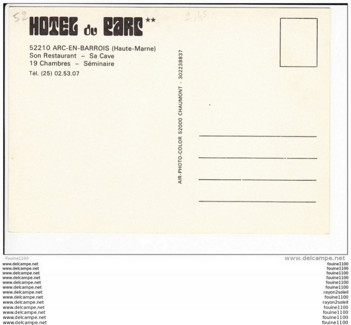 Carte ( Format 15 X 10,5 Cm ) D' Arc En Barrois  Hôtel Du Parc    ( Recto Verso ) - Arc En Barrois