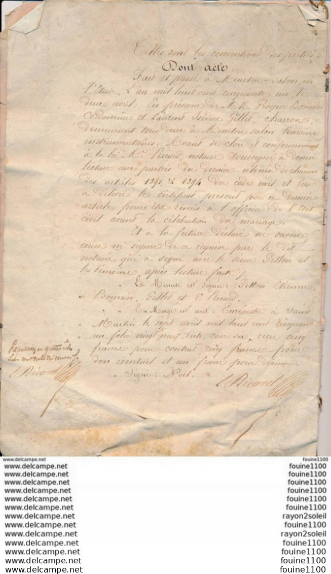 Acte Notarié  Contrat De Mariage Année 1851 ( Petton / Lasaulzais ) Maitre Ricard Notaire à Menetou Salon Cher 18 - Manuscrits