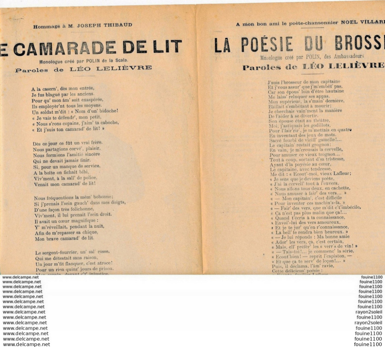 Partition Le Camarade De Lit Monologue Créé Par Polin De La Scala Paroles De Léo Lelièvre ( La Poésie Du Brosseur ) - Libri Di Canti