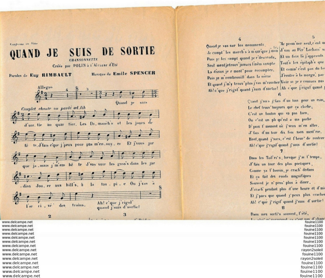 Partition Chansonnette Quand Je Suis De Sortie Créé Par Polin à L'alcazar D'été Paroles Rimbault  Musique Spencer Faria - Liederbücher