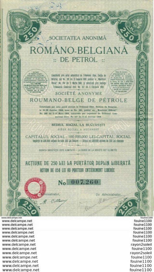 Action De 250 Lei Societatea Anonima Romano Belgiana De Pétrol  Roumano Belge De Pétrole Bucaresti  ( Avec 8 Coupons ) - Petrolio