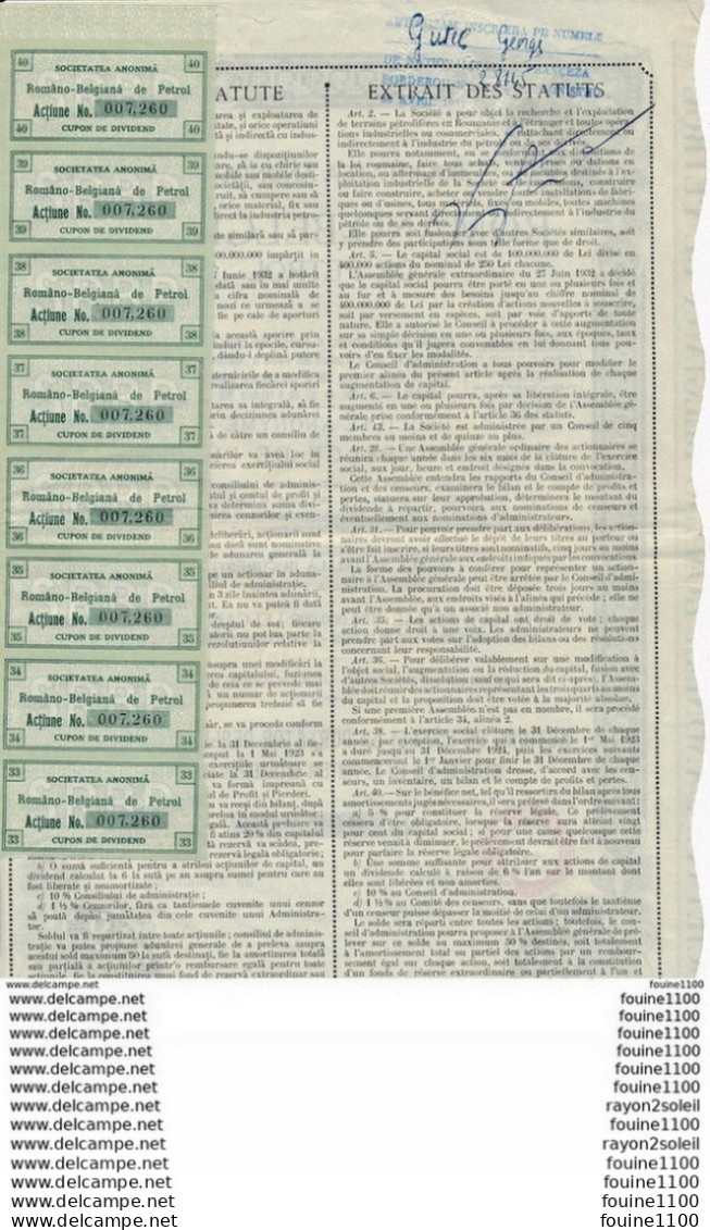 Action De 250 Lei Societatea Anonima Romano Belgiana De Pétrol  Roumano Belge De Pétrole Bucaresti  ( Avec 8 Coupons ) - Petróleo