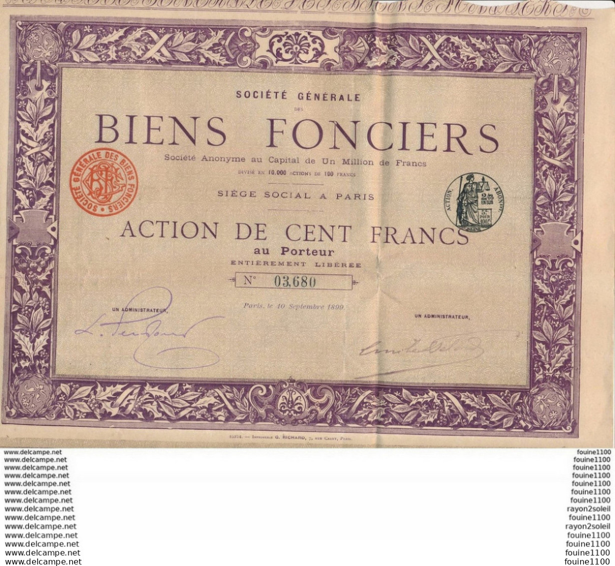 Action Société Générale Biens Fonciers Action De 100 Francs Au Porteur  ( Manque 1 Coupon ) - Banque & Assurance