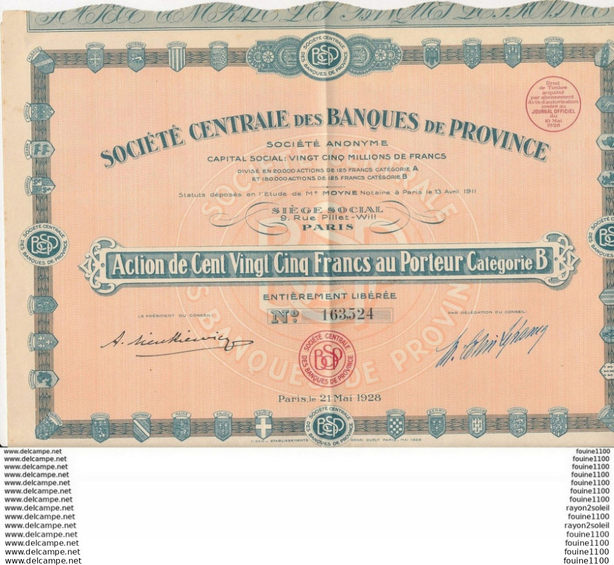 Action De La Société Centrale Des Banques De Province Action De 125 Francs Au Porteur  ( Manque 3 Coupons ) - Banque & Assurance