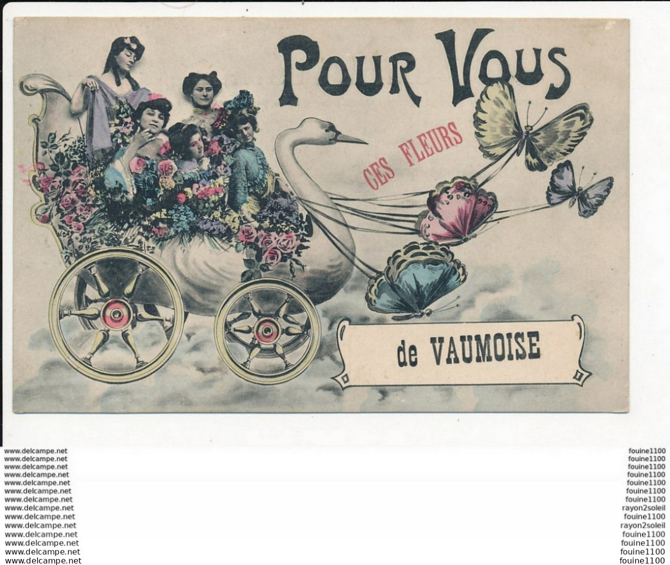 Superbe Carte Fantaisie Pour Vous Ces Fleurs De VAUMOISE ( Attelage En Forme De Cygne Avec Papillons ) Peu Courante - Vaumoise