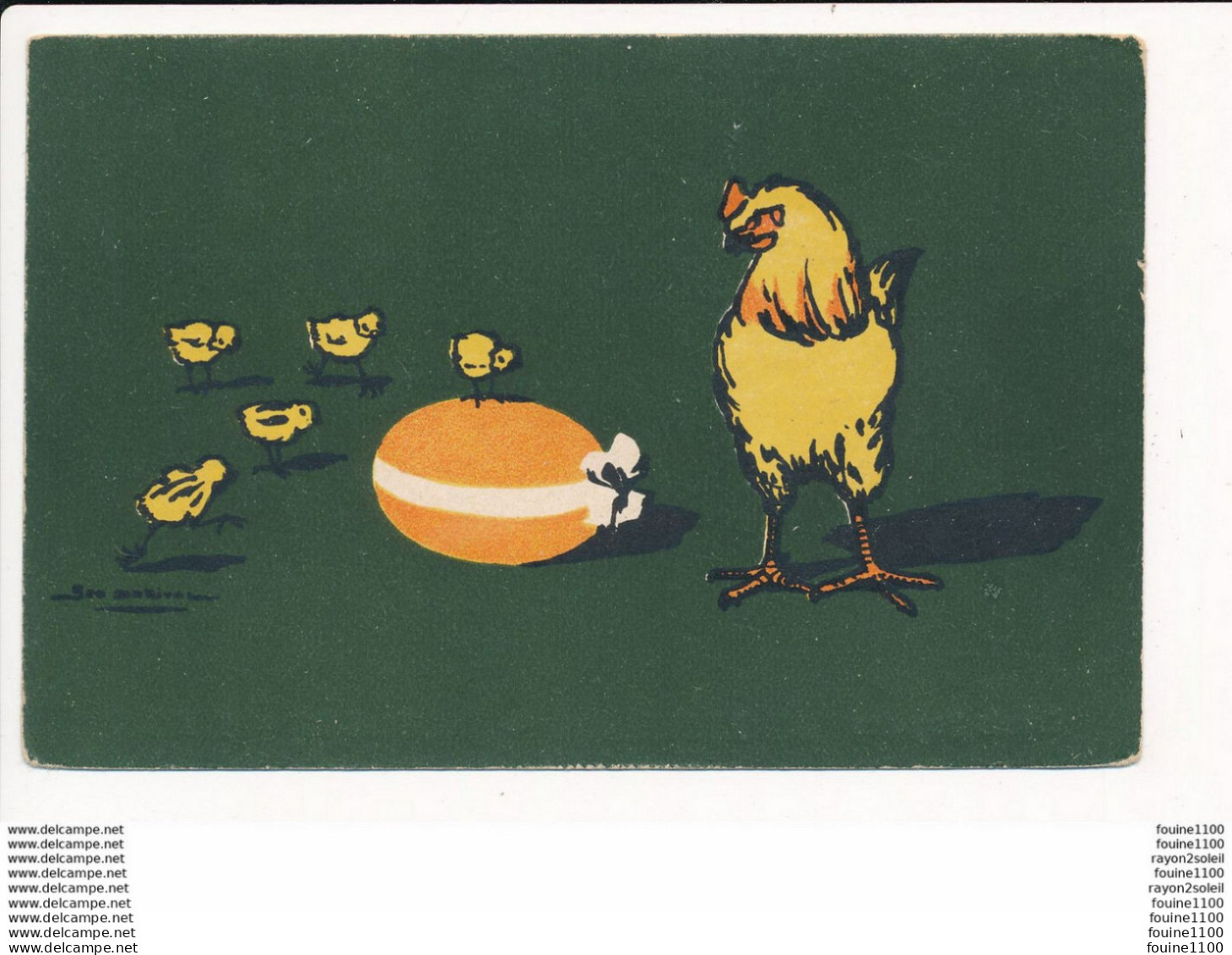 Carte ILLUSTRATEUR - GEO DORIVAL - ANIMAUX, POULE POUSSINS OEUF - PUBLICITE "AU PRINTEMPS" LYON - Dorival