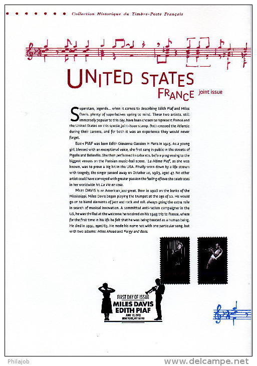 " FRANCE / USA : PIAF DAVIS " Sur Document Officiel 1er Jour 4 Pages De 2012 N° YT 4670 71 + TIMB.USA DPO à Saisir !!! - Chanteurs