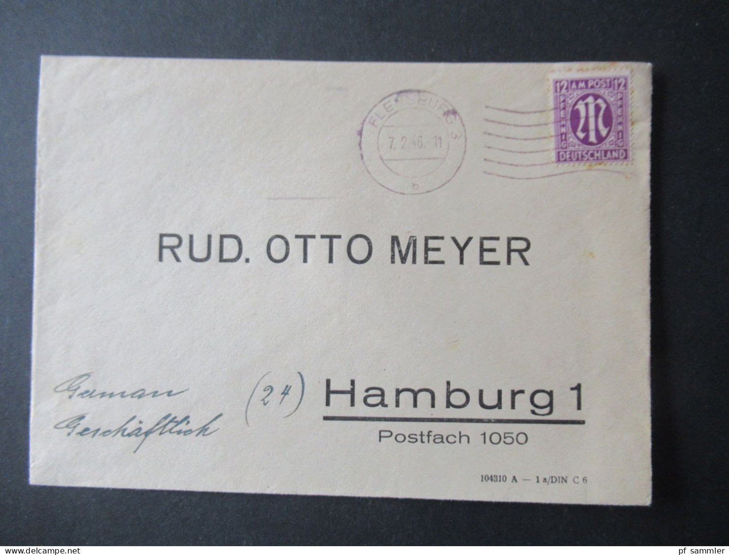 Bizone Am Post 7.2.1946 Engl. Druck Maschinenstempel Flensburg 3 In Violetter Farbe ?!? Nach Hamburg - Brieven En Documenten