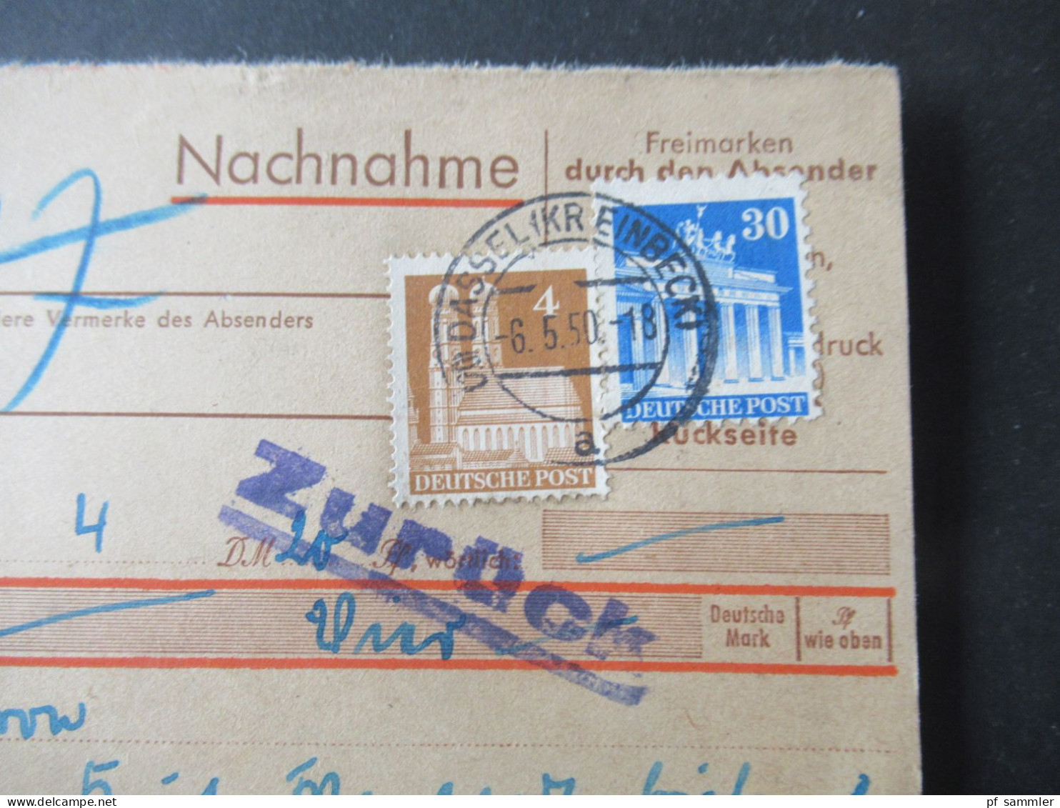 Bizone Bauten 1950 MiF 74eg Und 89wg Auf Nachnahme PK Stempel Und Vermerk Zurück Stempel Dassel (Kreis Einbeck) - Covers & Documents