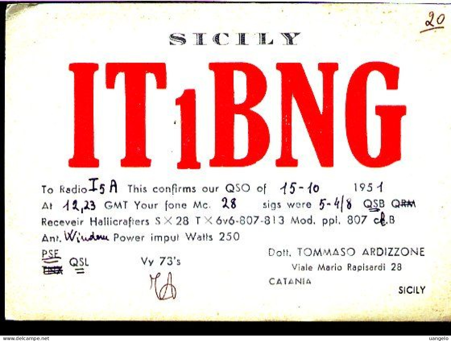 RC646  QSL  IT1BNG CATANIA 1951 - Sonstige & Ohne Zuordnung