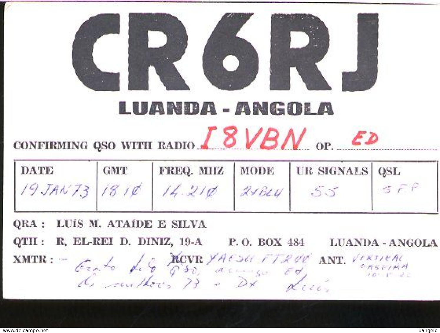 RC711A QSL CR6RJ LUANDA ANGOLA OP.PUIS - Sonstige & Ohne Zuordnung