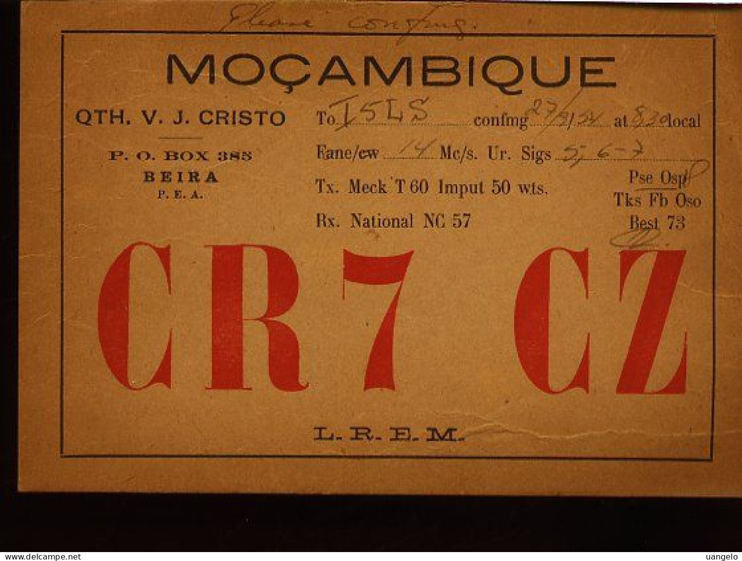 RC755  QSL  CR7CZ BEIRA MOCAMBIQUE - Sonstige & Ohne Zuordnung