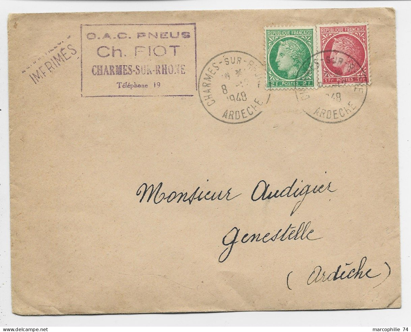 MAZELIN 1FR+2FR LETTRE CHARMES ARDECHE 8.12.1948 AU TARIF IMPRIME - 1945-47 Ceres De Mazelin