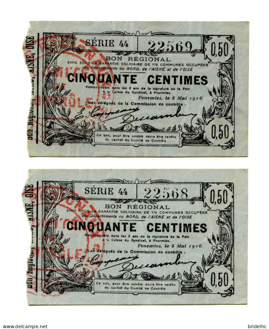 50 Centimes Bon Régional Du Nord Aisne Oise Qté 2 - Bons & Nécessité