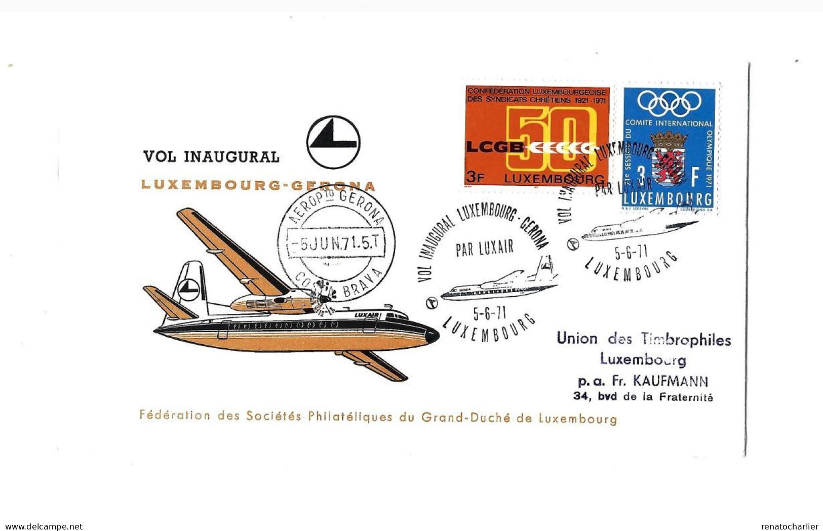 Vol Inaugural Luxembourg-Gerona.Luxair.1971. - Storia Postale