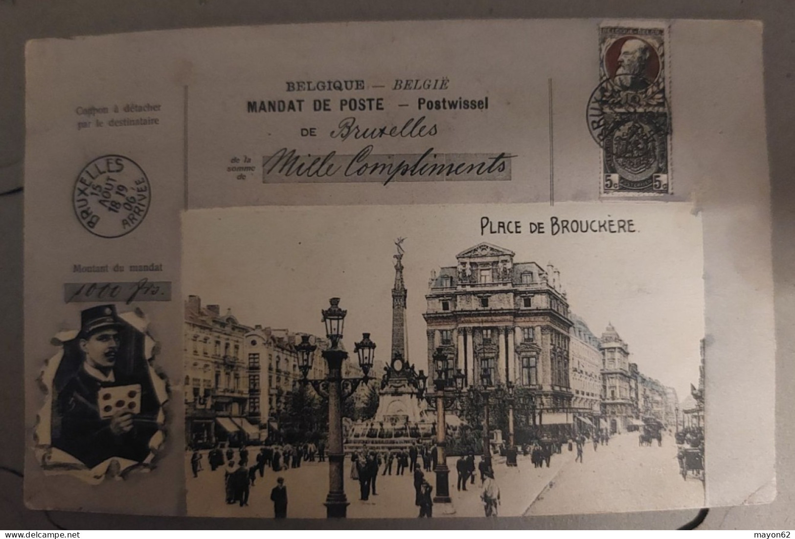 BRUXELLES - CPA MANDAT POSTE DE BRUXELLES 1906 - PLACE DE BROUCKERE - BELLE CPA - Squares