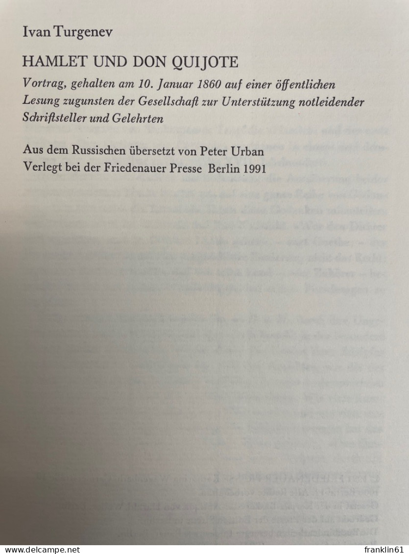 Hamlet Und Don Quijote : Vortrag, Gehalten Am 10. Januar 1860 Auf Einer öffentlichen Lesung Zugunsten Der Gese - Poesia