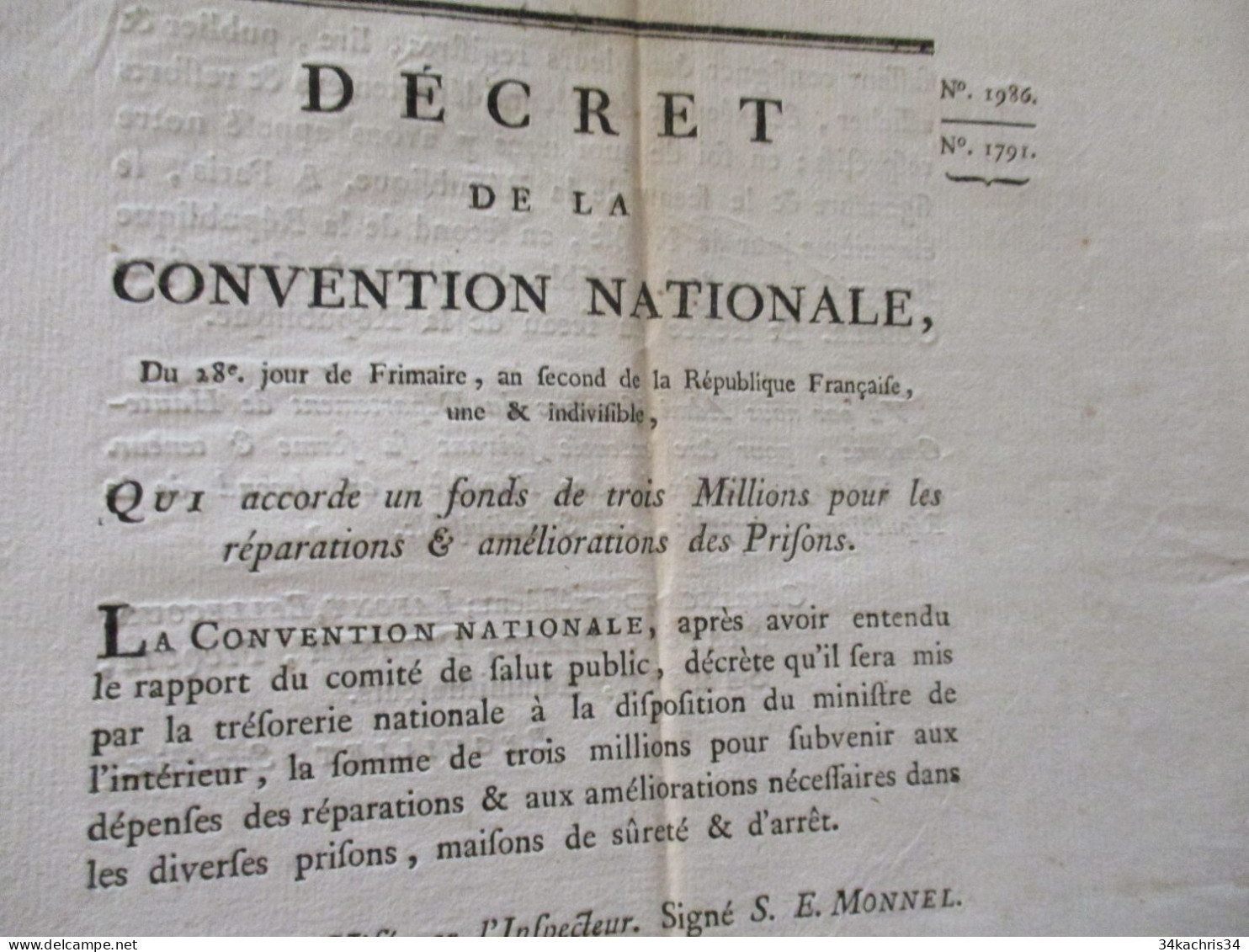 Révolution Décret Convention Nationale 28 Frimaire An II Accord De 3 Millions Pour Réparation Et Amélioration Des Prison - Wetten & Decreten