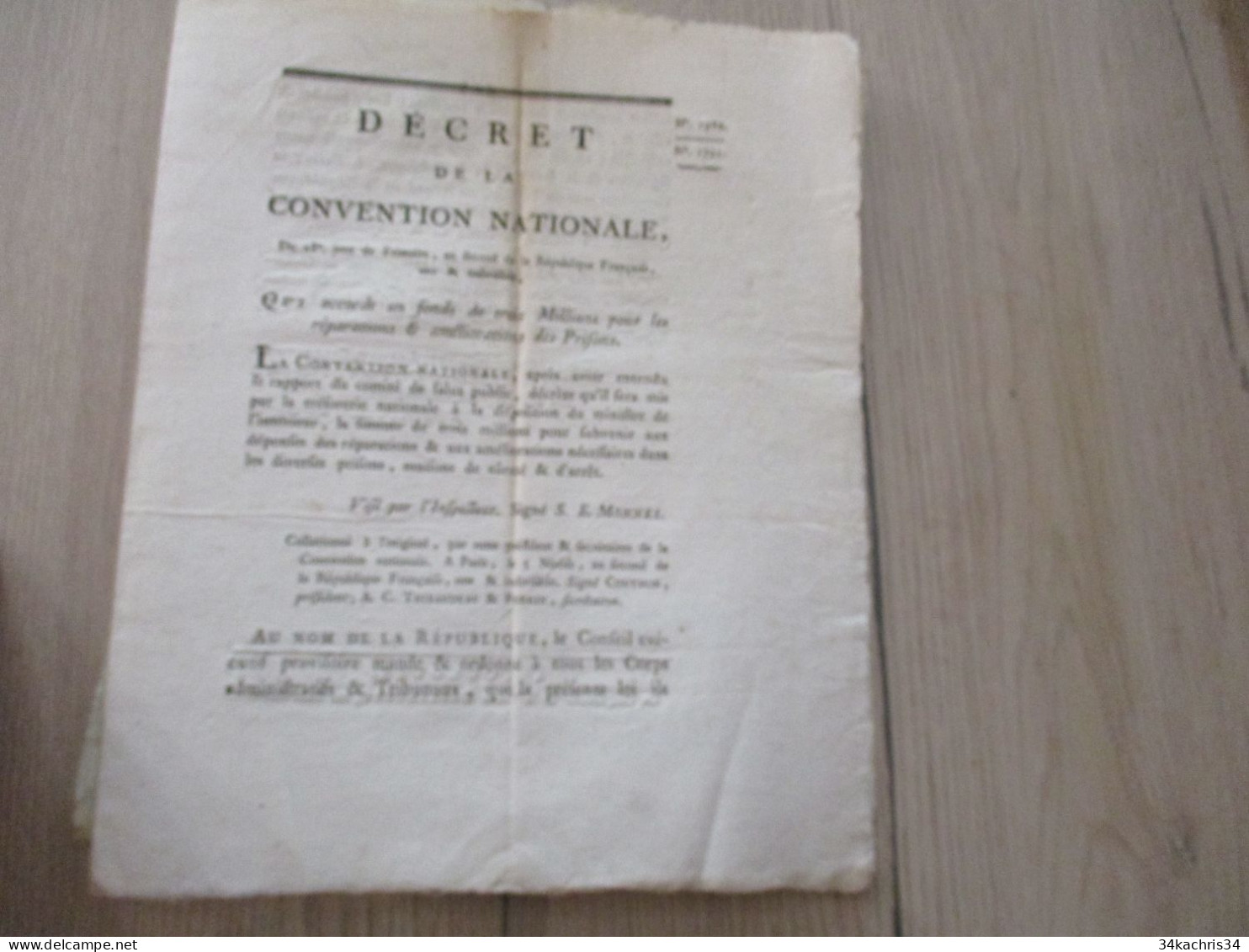 Révolution Décret Convention Nationale 28 Frimaire An II Accord De 3 Millions Pour Réparation Et Amélioration Des Prison - Wetten & Decreten