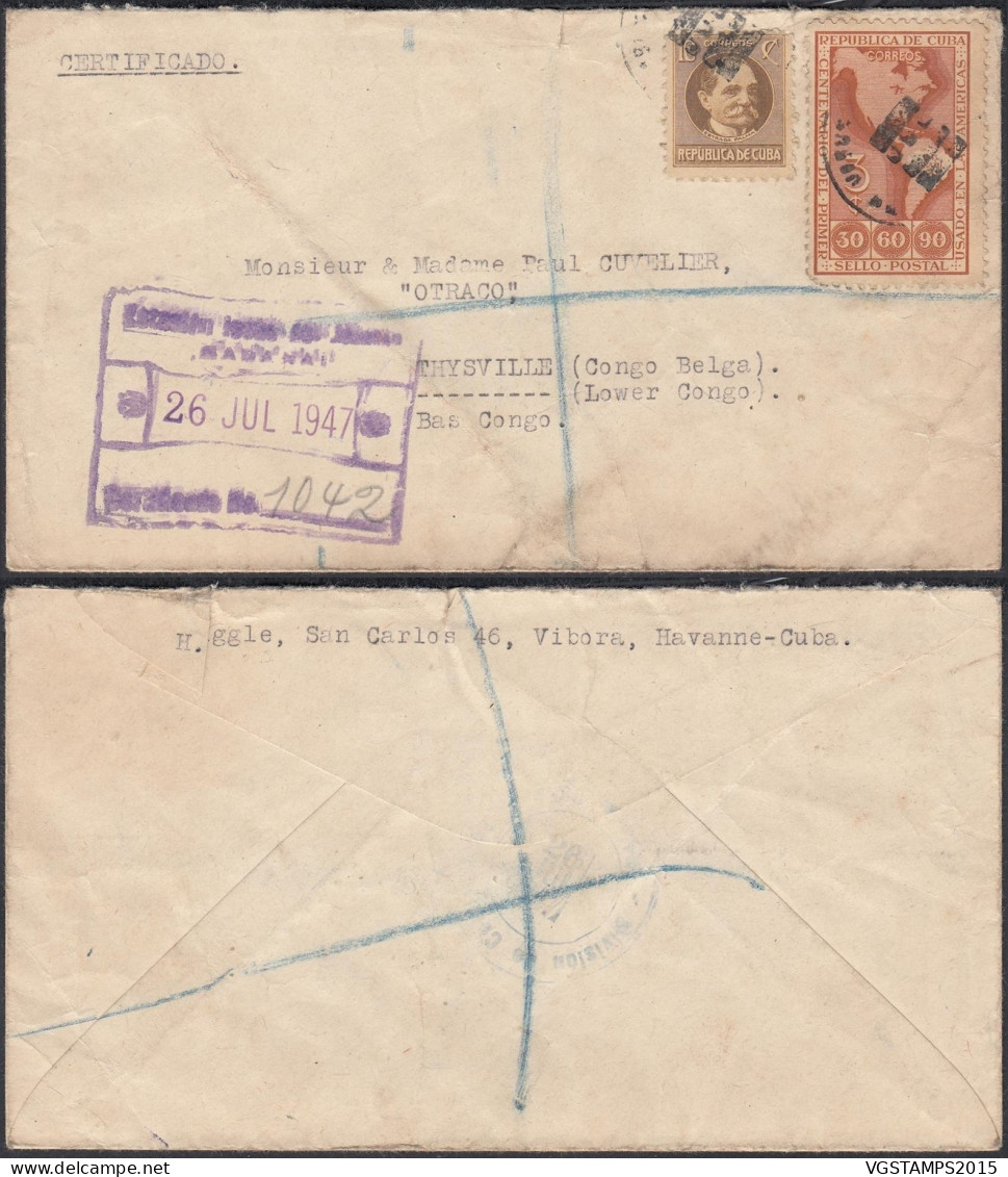 Cuba 194-Lettre Recommandée De  L'Havanne-Cuba Vers Thysville- Congo Belge .......................(EB) DC-12368 - Usati