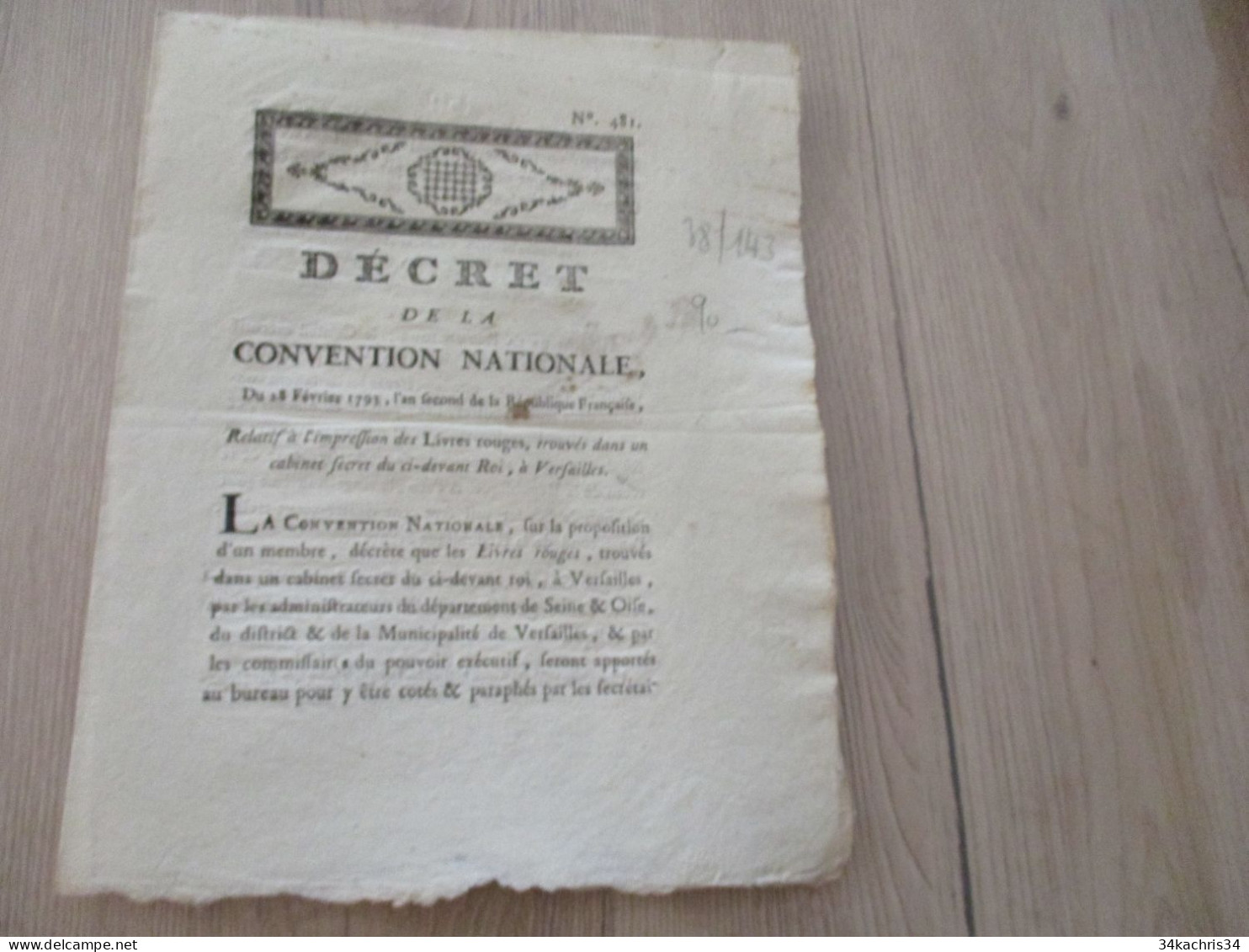 Révolution Décret Convention Nationale 28 Février 1793 Relatif à L'impression Des Livres Rouges Autographe Tampon - Wetten & Decreten